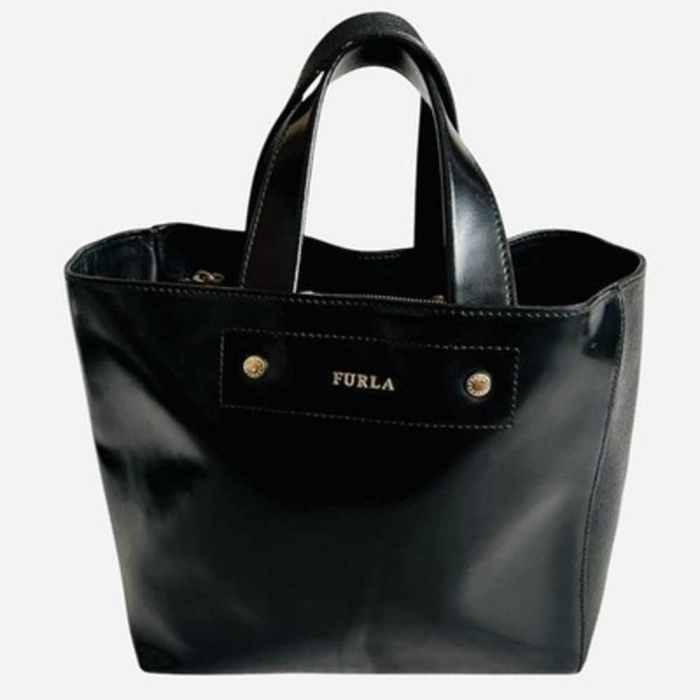 Authentic Furla Musa Black Patent Leather Medium Tote Handbag Gold Hardware VG - Picture 5 of 10
